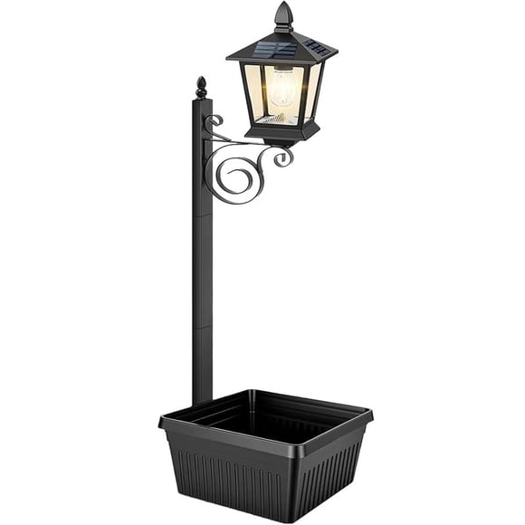Lampe Solaire sur Pied avec Jardinière Design 2-en-1 Lampe Solaire d'Extérieur Tige IP44 Étanche Blanc Chaud du Crépuscule à l'Aube pour Pelouse Patio Véranda Noir 1 Pce