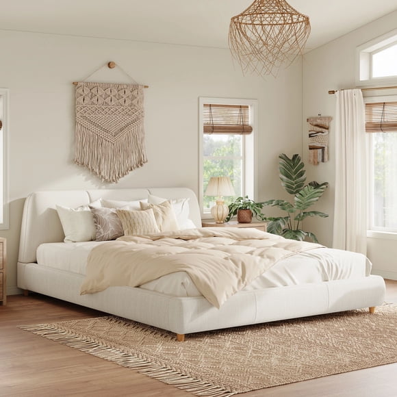MODERNLUXE King Size Linen Fabric Upholstered Platform Bed, Wood Bed Frame with Solid Round Legs for Teens Adults,Beige
