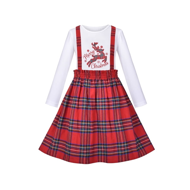 Ensemble 2 Pcs Fille T-Shirt Jupe à Bretelles Noël Rouge à Carreaux Renne 6 Ans