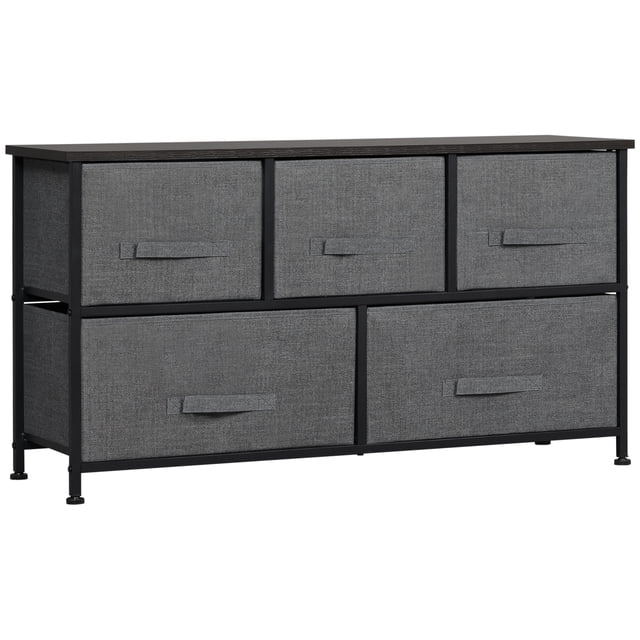HOMCOM Commode de Rangement à 5 Tiroirs en Lin avec Cadre en Métal, Gris Foncé. Présente un design Léger avec un Cadre en Acier Enduit de Poudre, un Dessus en Panneau de Particules et Cinq Tiroirs Coulissants en Lin pour le Rangement. Convient à Toute Pièce, Y Compris le Salon Ou le Couloir. Dimensions : 39,4 Pouces de Large, 11,8 Pouces de Profondeur et 21,3 Pouces de Hauteur.