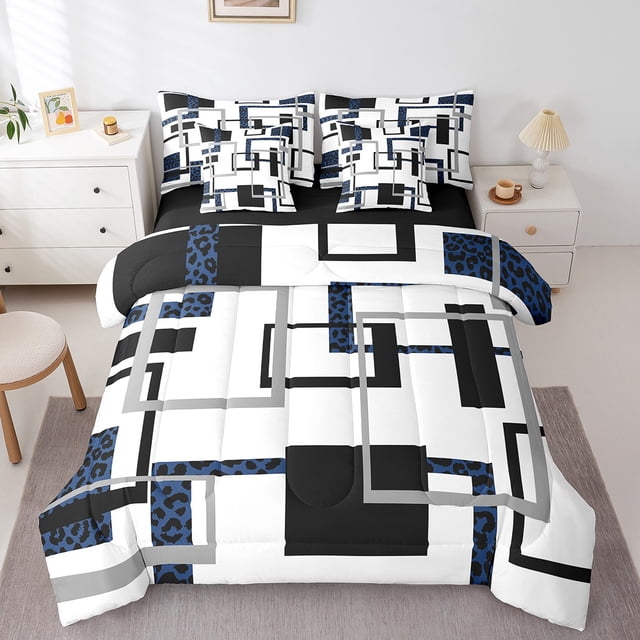 YST Ensemble de Douillette 7 Pcs à Rayures Bleues pour Enfants Garçons Filles, Ensemble de Lit Géométrique Très Grand, Ensembles de Literie Texture Léopard, Ensembles de Lit Abstraits Réversibles avec Drap Plat et Drap-Housse, Couvre-Oreillers