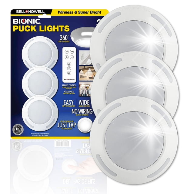 Bell + Howell Bionic LED Puck Lights 3-Pack with three white wireless under cabinet lights providing 360-degree wide angle illumination, remote control for adjustable brightness and timer, easy peel-and-stick 3M adhesive installation, battery operated with no wiring required, ideal for kitchen lighting.