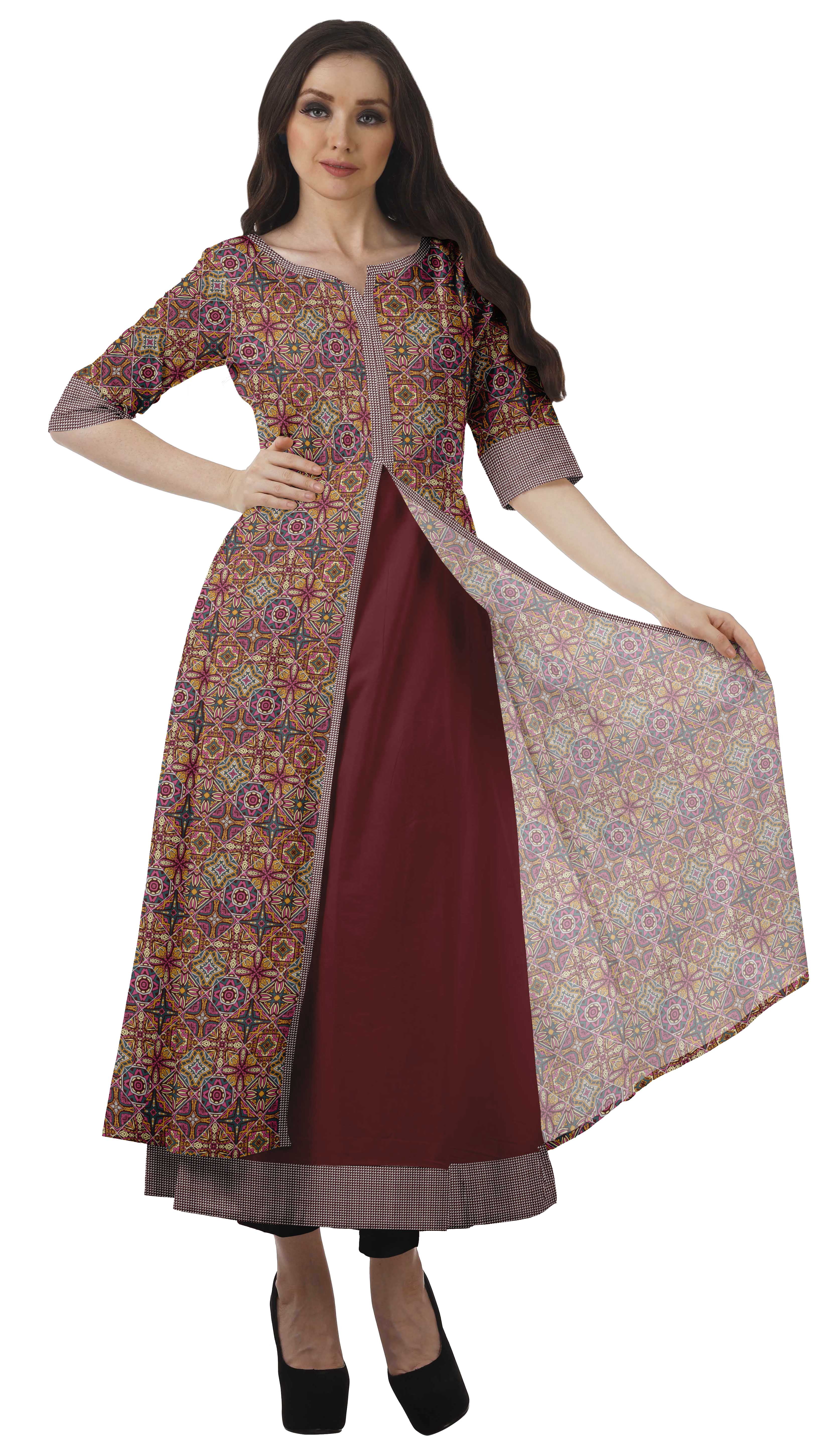 Moomaya Kurti Trapèze pour Femmes avec Fente avant, Imprimé, Kurta Indienne de Soirée - S