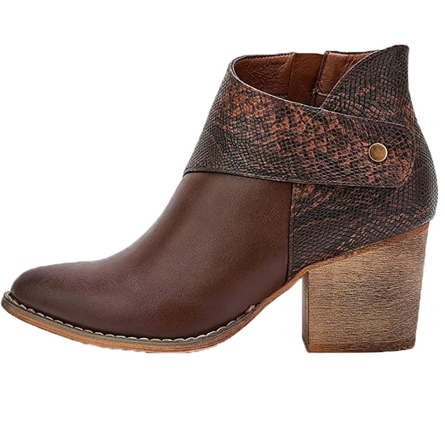 jovati Womens Leather Patchwork Thick Heel High Heel Zipper Pointed Snake Ankle Boots