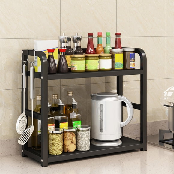 Kitchen Countertop Storage Rack | Two Tier Metal and Wood Organizer for Spices and Cans | Sturdy Shelf with Anti-Slip Base for Kitchen Counter Organization