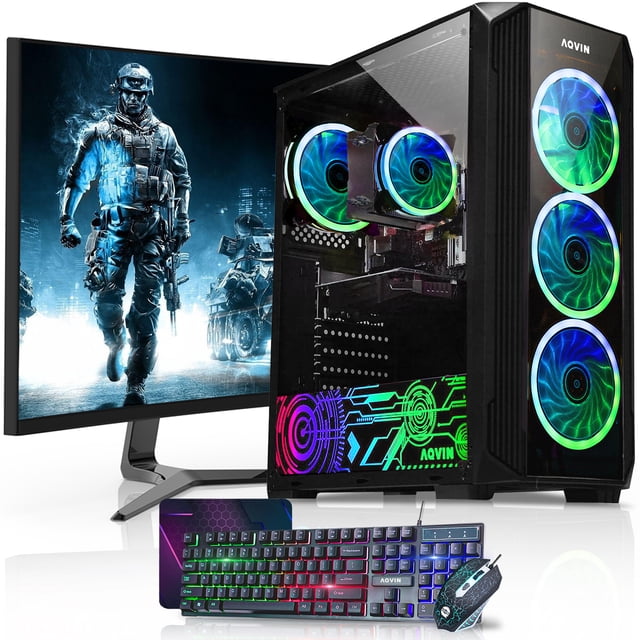 Gaming PC Tower ~ Intel Core i7 Processor, 16GB DDR4 RAM, 512GB NVMe SSD, AMD RX 550 4GB, 24 Inch Gaming Monitor, Windows 11 Pro, WiFi - Refurb