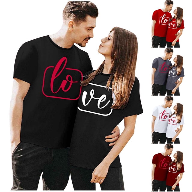 T-shirts Mignons pour Couples Assortis Mode de la Saint-Valentin Imprimé de Lettres Col Rond Manches Courtes T-Shirt Décontracté Confortable Confortable Doux T-Shirt de Base pour Lui et Elle Vêtements de Vacances Vin TTG