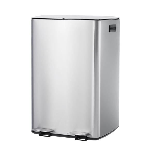 Poubelle de Cuisine à Double Compartiment 16 Gallons (60 L) – Acier Inoxydable – Couvercles à Fermeture en Douceur, Pédales, Seaux en Plastique Amovibles – Idéale pour le Recyclage et la Séparation des Déchets – Bac Intérieur – Couleur Acier Inoxydable