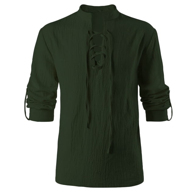 AherBiu Men's Shirts Long Sleeve Stand Collar Front Drawstring Slim Fitted Tshirt Tops Fall Lightweight Shirts Tops