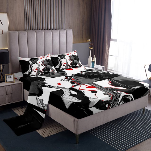 Music Bed Sheets Set King Romantic Saxophone Sheet Set,Minimalist Music Instrument Print Sheets for Kids Woman Men Retro Saxophone Musical Notes Top Sheet,Black And White