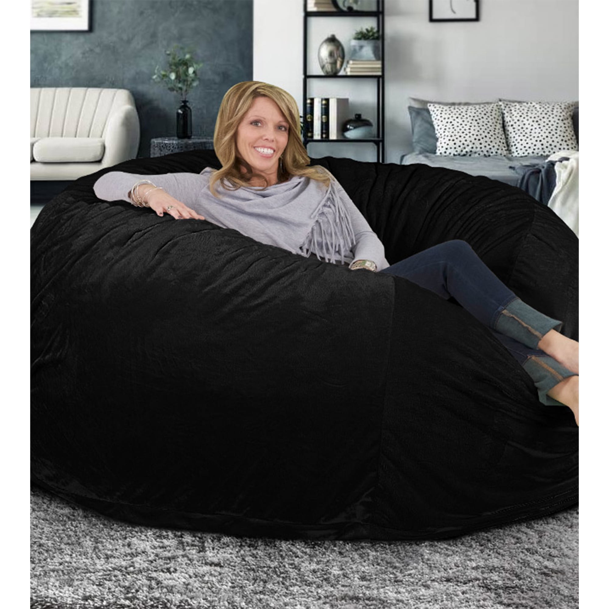Ultimate Sack 6000 6-Foot Bean Bag Chair with Footstool Set, Black Suede Cover