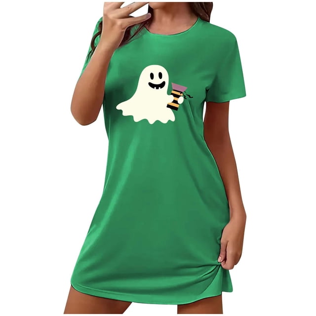 Sakmal Nuisettes Mumu Légères pour Femmes Halloween Extensibles Vertes Grande Taille Robe Mumu Imprimé Fantôme Col Ras du Cou Manches Courtes Courtes Nuisettes P-2TG