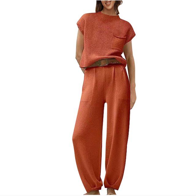 Timegard Ensembles Lounge pour Femmes, Hauts Courts à Manches Cap, Pantalons à Bas Resserré avec Poches, Tenues Amples de Couleur Unie