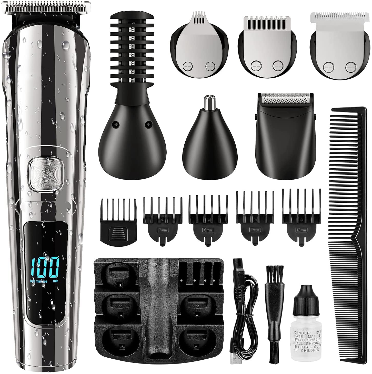 Beard Trimmer, Cordless Hair Clippers Hair Trimmer for Men, Waterproof Body Mustache Nose Ear Facial Cutting Groomer, Electric Shaver All In 1 Grooming Kit, USB Rechargeable & LED Display