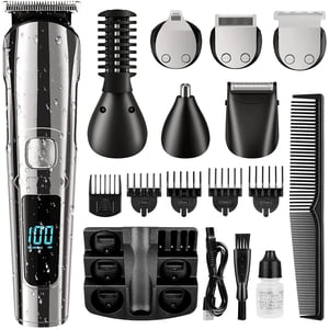Beard Trimmer, Cordless Hair Clippers Hair Trimmer for Men, Waterproof Body Mustache Nose Ear Facial Cutting Groomer, Electric Shaver All In 1 Grooming Kit, USB Rechargeable & LED Display