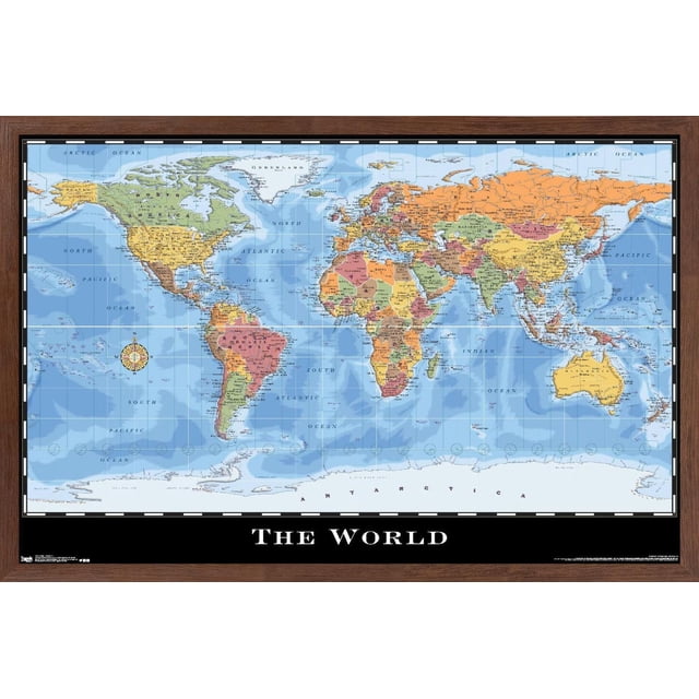 Map - World Wall Poster, 22.375" x 34" featuring a high-resolution political world map printed on glossy paper with countries in distinct colors, labeled capitals and major cities, ocean names visible, framed in mahogany with a black bottom border titled 'THE WORLD', ideal for home or office wall decor.