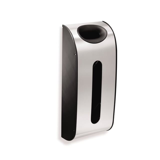 Simplehuman Wall Mount Grocery Bag Dispenser in brushed stainless steel with a sleek, modern design. Features a top opening for easily tucking up to 30 grocery bags and a wide front dispensing slot for convenient reuse. The dispenser can be mounted on a wall, under a shelf, or inside a cabinet using included screws or adhesive tape. Dimensions: 6.6 inches wide, 3.6 inches deep, and 15.6 inches high.