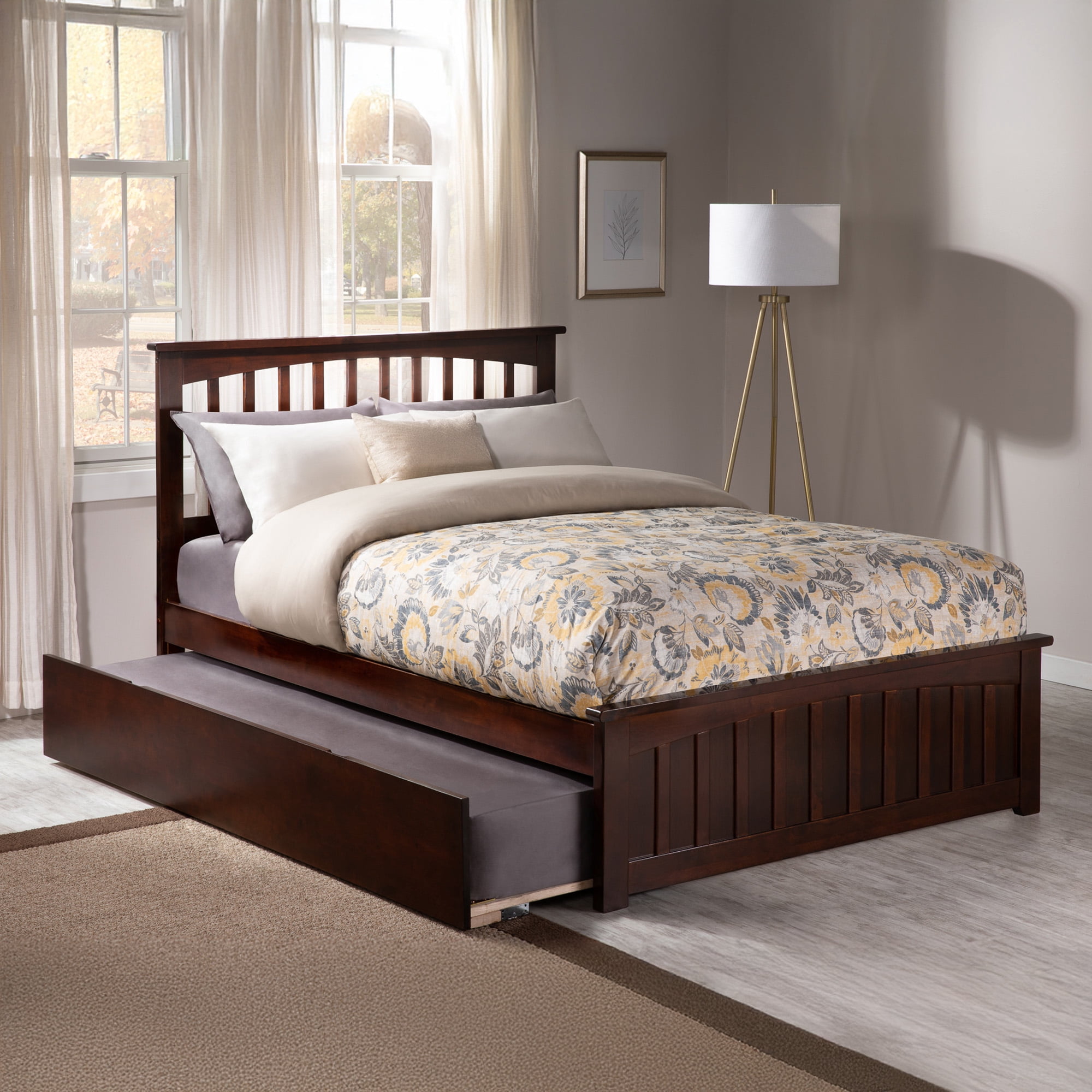 Mission Full Wood Platform Bed with Matching Footboard & Full Trundle in Walnut