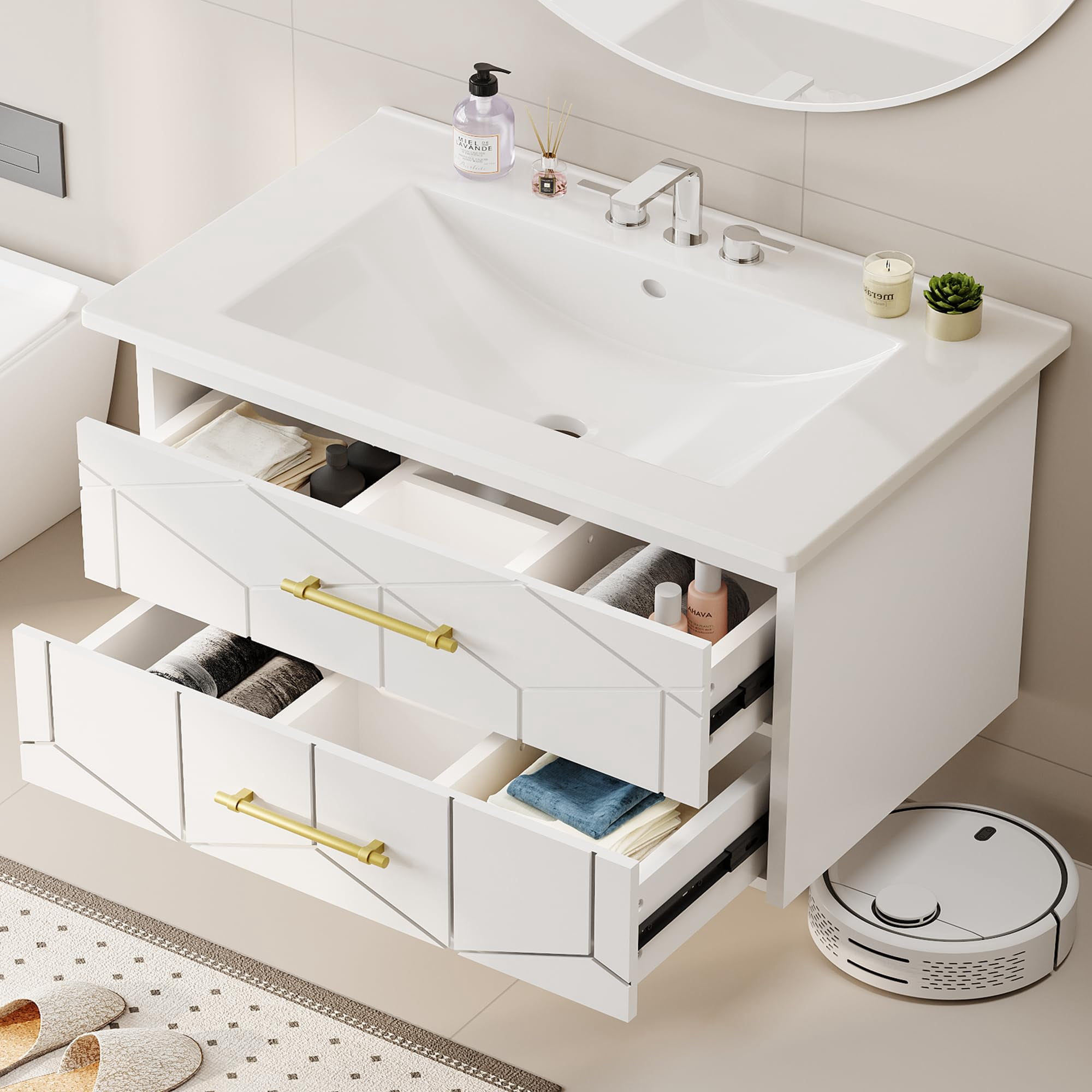30 inch Bathroom Vanity with Sink Combo, Floating Bathroom Vanity with Ceramic Basin, 2 Large Drawers with Gold Handle, Soft-Close Design, Easy Assembly, White