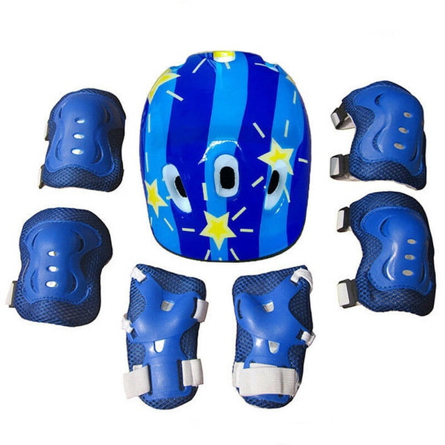 7Pcs Children Kids Skate Cycling Bike Safety Helmet Knee Elbow Pad Set Cycling. The set includes a blue helmet with a star pattern, two knee pads, two elbow pads, and two wrist guards. Designed for kids aged 4-16, it features high-density padding for comfort and shock absorption, suitable for roller skating, skateboarding, cycling, and other outdoor sports.
