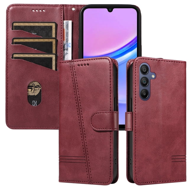 Phone Case for Samsung Galaxy A16 5G Magnetic PU Leather Card Slots Durable Wallet Cover in a rich burgundy color. The case features three card slots, a secure magnetic closure, and a wrist strap for convenience. Designed with a kickstand for adjustable viewing angles, it offers drop-proof, shock-resistant, and scratch-proof protection. The raised edges safeguard the camera and screen, while the flexible TPU inner ensures shock absorption. Stylish and functional, this wallet case combines elegance with practicality.