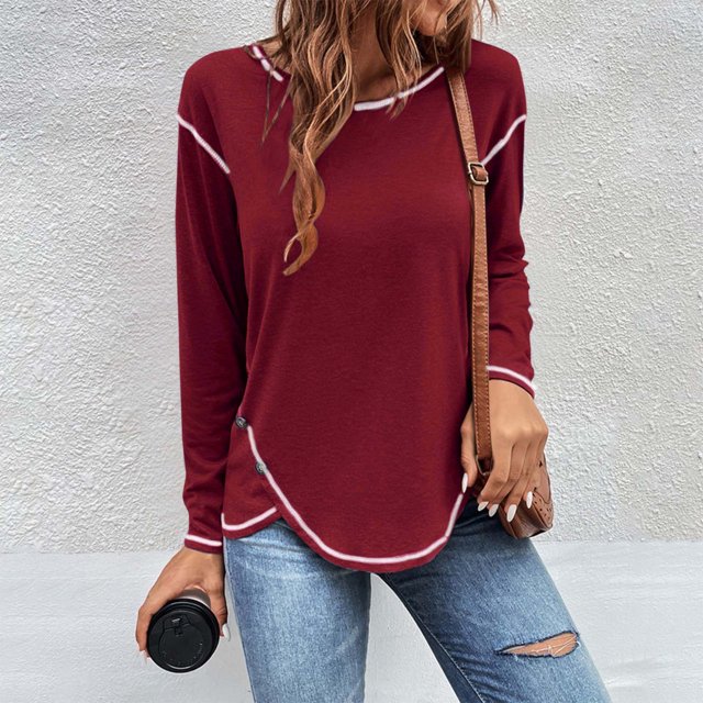 AherBiu T-Shirts à Manches Longues pour Femmes Col Ras du Cou Décontractés Amples T-Shirts Mode Tunique d'Automne Hauts Basiques Tee Blouses