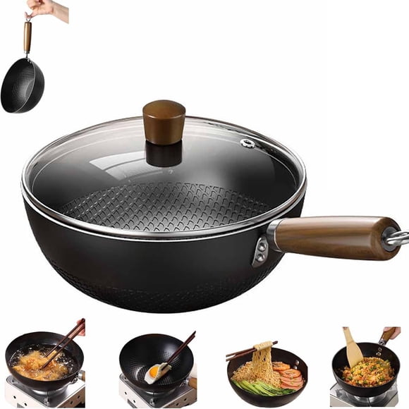 Nonstick Pan for Kitchen - Fish Scale Pattern Flat Bottom Wok Pan with Glass Lid for Induction Nonstick Steel Stir Fry Pan