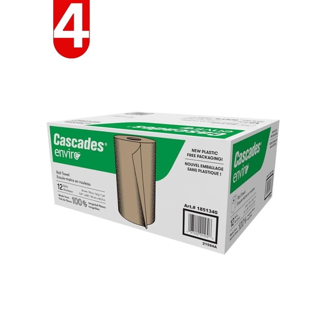 Cascades Enviro Brown Paper Towel Rolls, 12-pack, 4 Pack. A box of 48 eco-friendly, 100% recycled brown paper towel rolls, ideal for household supplies and cleaning products. Each roll measures 20.3 cm × 62.5 m and fits San Jamar Roll Paper Towel Dispenser. Plastic-free packaging emphasizes sustainability.