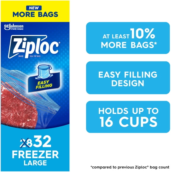 Ziploc® Sacs pour Congélateur avec Technologie Qui Reste Ouverte, Grand Format, 32 Sacs