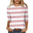 thumbnail image 1 of Meichang T-Shirts à Manches 3/4 Grande Taille pour Femmes, Décontractés, à Imprimé Rayé, Col Ras du Cou, Hauts Légers, Doux et Extensibles, Manches Trois Quarts, Chemise, P-4TG, 1 of 5