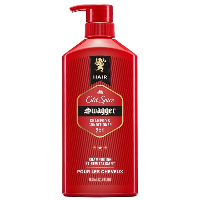 Old Spice Swagger 2in1 Shampoo and Conditioner for Men in a red 650 ml pump bottle with black and gold label, providing barbershop quality cleansing and conditioning with a fresh cedarwood and lime scent for lasting freshness.