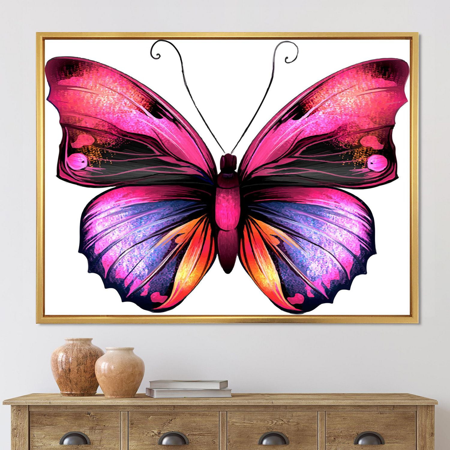 Designart Portrait de papillon rose vif ART MURAL À CADRE FLOTT