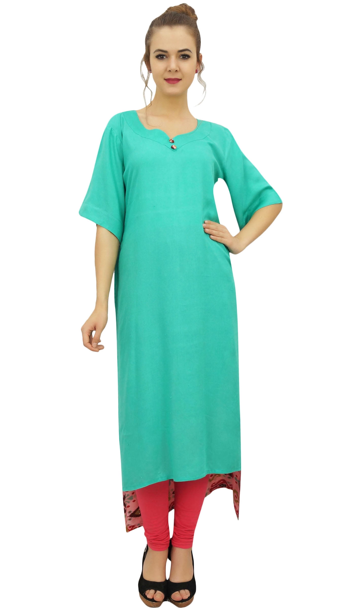 Bimba Women's Rayon Green Kurti Asymmetrical Hem Designer Kurta With Scarf - 14