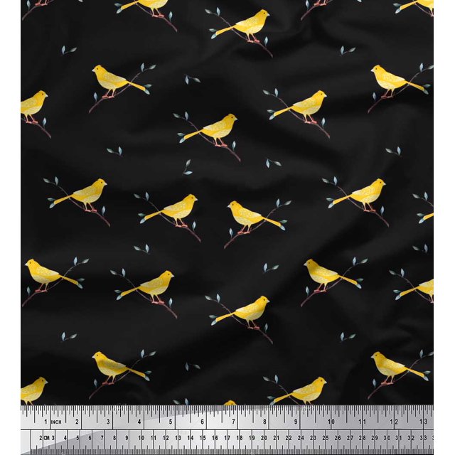 Soimoi Poly Georgette Fabric Leaves,Branches & Canary Bird Fabric Prints By Yard 42 Inch Wide