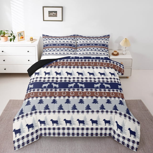 Cow Farmhouse Animal Down Comforter Queen,Boho Vintage Tribal Abstract Bedding Set Lightweight,Geometric Cattle Buff Comforter Set,Striped Pine Tree Duvet Insert,Reversible