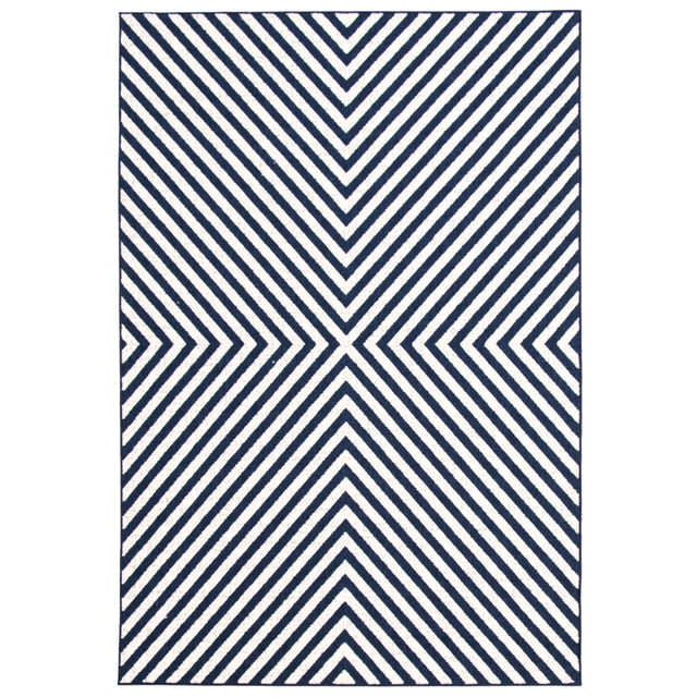 ECARPET Intérieur/extérieur pour Balcon, Patio et Jardin Milan Bleu et Ivoire Tapis d'Extérieur pour Aire avec un Motif Géométrique de Rayures Diagonales Convergentes Formant un Losange central, Conçu pour la Durabilité et la Résistance à la Décoloration dans les Espaces de Balcon Ou de Patio.