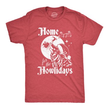 Mens Home for The Howlidays T Shirt Funny Xmas Howling Wolf Tee for Guys (Heather Red - HOWLIDAYS) - XXL