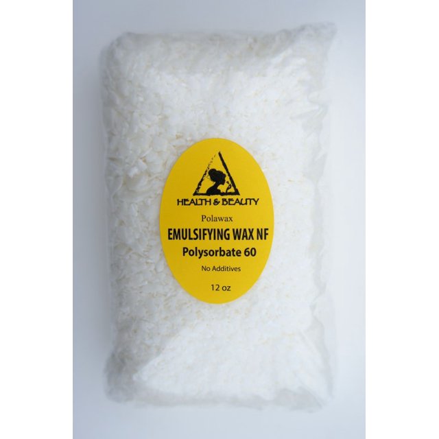Cire Émulsifiante NF Polysorbate 60 Polawax Pure, Sac de 12 oz par Health & Beauty. Perles Solides Blanc Crème Sans Additifs, Idéales pour la Fabrication de Bougies et l'Artisanat d'Émulsions Huile/eau Telles Que lotions, Crèmes et Revitalisants. Emballées dans un Sac Transparent avec une Étiquette Jaune.
