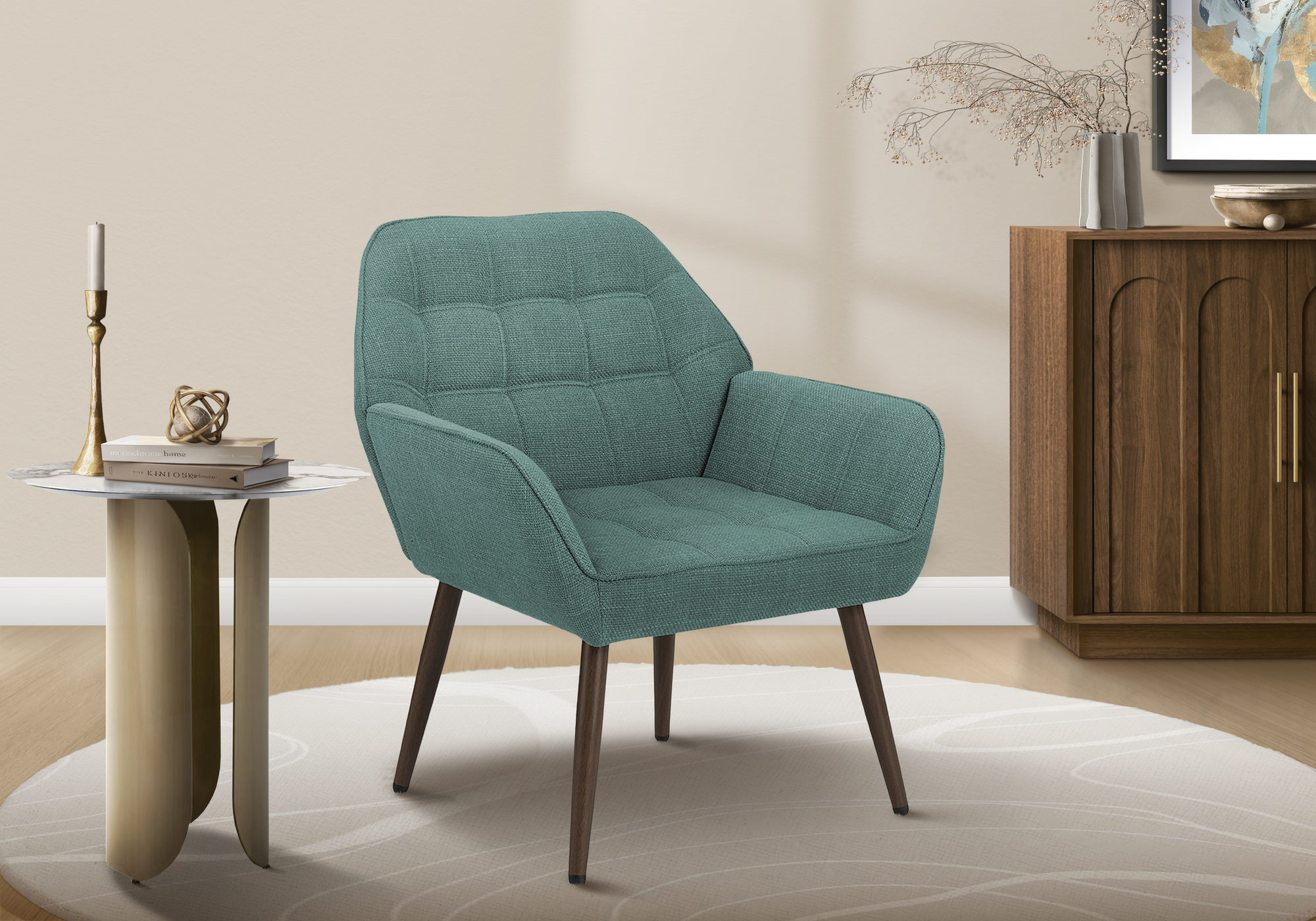 Monarch Specialties - Chaise D'Appoint, 29"H, Rembourré, Salon, Tissu Turquoise, Pieds En Métal Noyer, Contemporain, Moderne