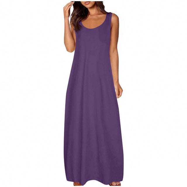 LOVZFMLL Robes pour Femmes Col Rond Uni Manches Courtes/sans Manches Robes Débardeur d'Été Décontractées Amples Plage Maxi Robes Soleil Violet Foncé A TTG