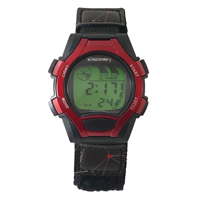 Discovery Kids Montre Numérique Multifonction avec Bracelet à Enroulement Rapide Facile en nylon Noir et accents Toile d'Araignée Rouge, Boîtier 30 mm Noir et Rouge, Écran LCD 6 Chiffres avec Rétroéclairage, Alarme, Chronomètre, date et Résistance à l'Eau de 30 Mètres, Convient aux Enfants de 6 Ans et Plus.