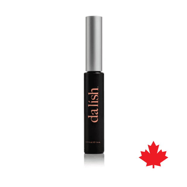 da lish cosmetics Flake-Free Volumizing Mascara in black, featuring a sleek black tube with a silver cap. This smudge-proof, buildable formula provides flake-free, long-lasting volume for defined lashes. The product is clean, water-resistant, and ideal for everyday wear. A small red maple leaf icon is displayed, indicating its Canadian origin.