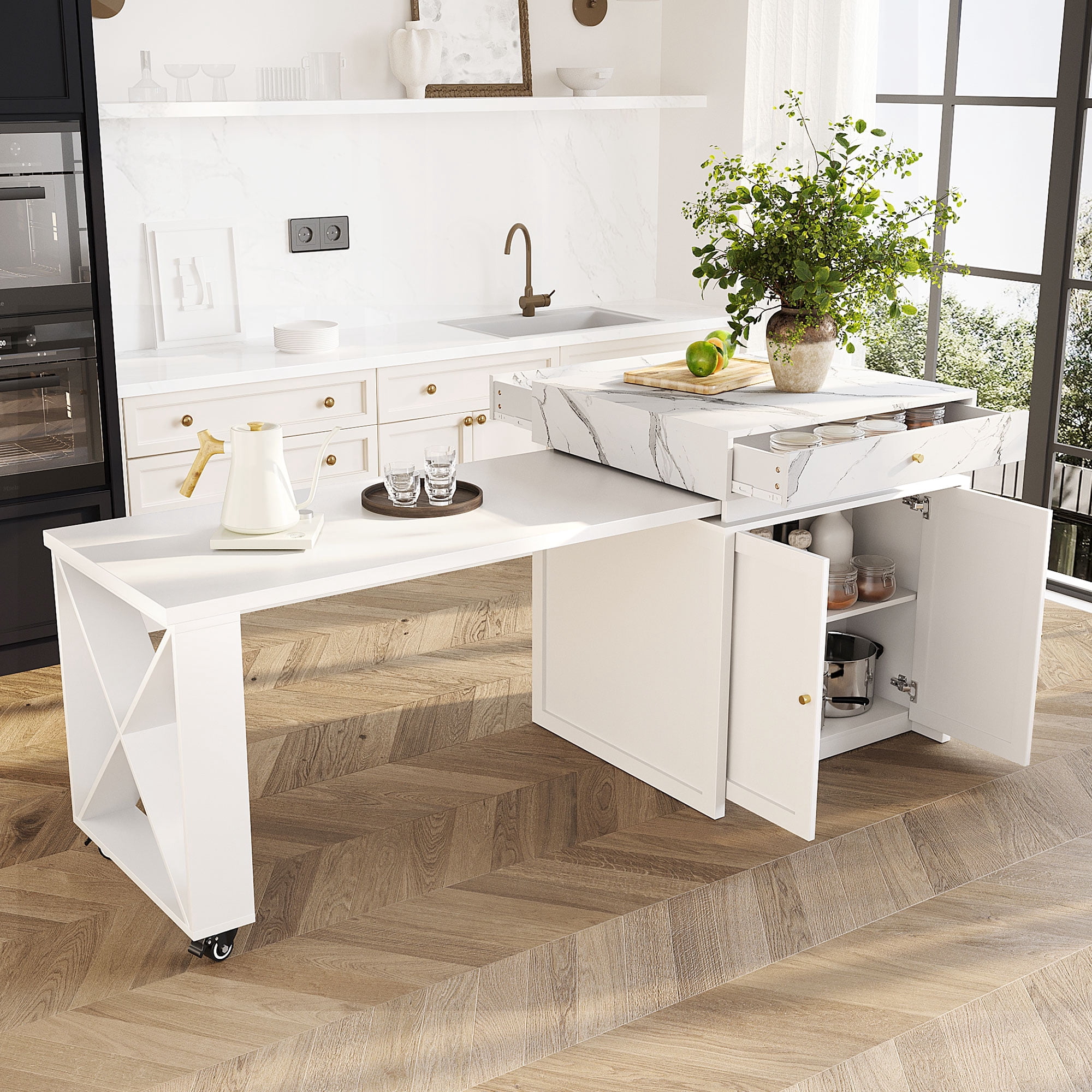 Table haute de comptoir Noble House, îlot de cuisine extensible en imitation marbre, blanc