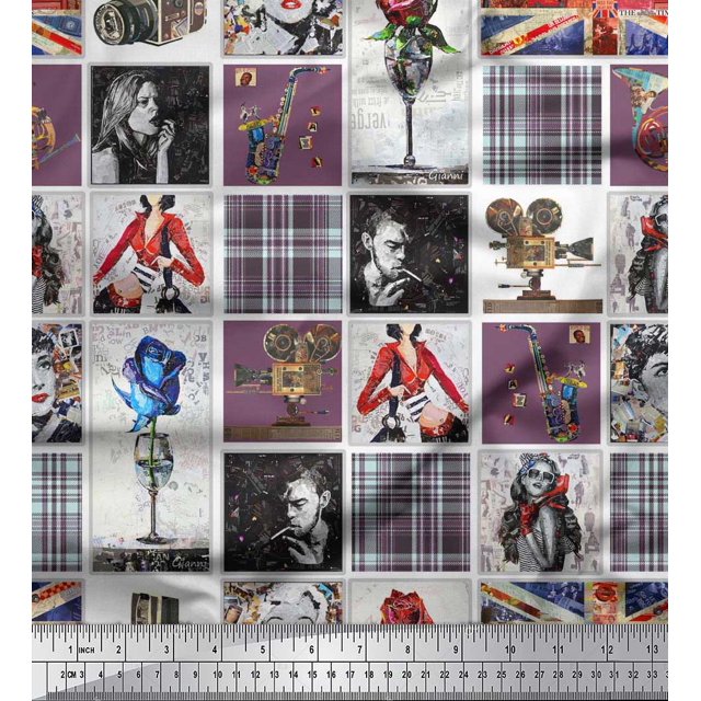 Soimoi Poly Georgette Fabric Check,Women & Camera Patchwork Printed Fabric 1 Yard 52 Inch Wide