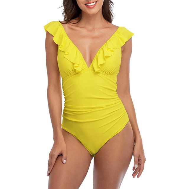 Maillots de Bain une Pièce à Volants pour Femmes Monokini Froncé Col en V