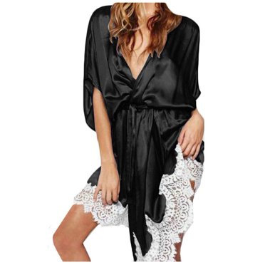 Mrat Robes for Women Lace Silk Women's Nightgowns & Sleepshirts Plus Size Nightgowns Ladies Lingerie Nightwear Long Sleeve Pajama Sleepwear Robe With Belt Bathrobe Black 2XL