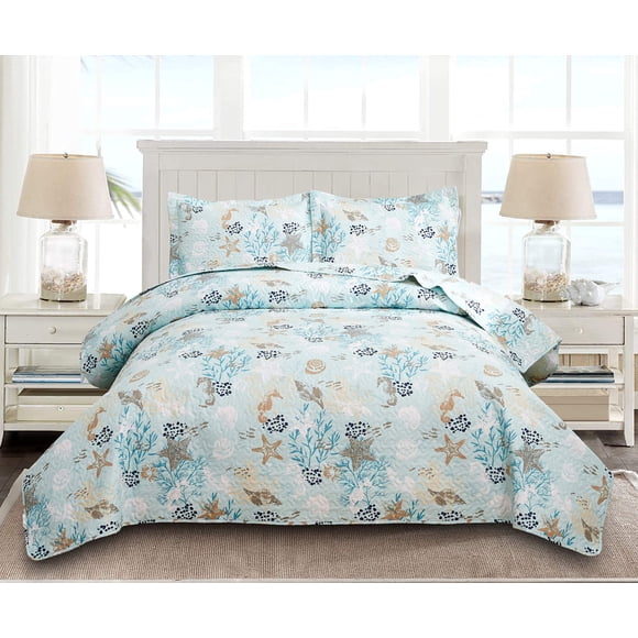 Ycosy 3-Piece Coastal Beach Bedspread Blue Marine Theme Quilt Set Bedding Seascape Images Vivid Sea Shell Coral Conch Sea Star Bed Covers Bedroom Decor (King, 1 Quilt+ 2 Shams)