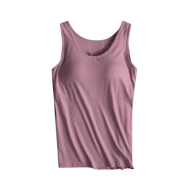 FAIWAD Built-in-Bra Tanks Tops for Womens Sleeveless Round Neck Wide Strap Basic Stretch Crop Tops