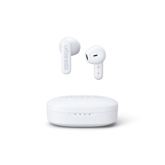 Urbanista Copenhagen TWS true wireless earbuds in white with a compact charging case, featuring a smooth stem design with touch controls and LED battery indicators, offering up to 32 hours playtime and Bluetooth 5.2 connectivity, ideal for daily use and clear calls.