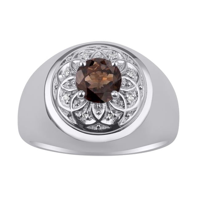RYLOS Men's Rings 14K White Gold Designer Gypsy 7MM Round Gemstone & Diamond Ring Smoky Quartz June Birthstone Rings Size 8